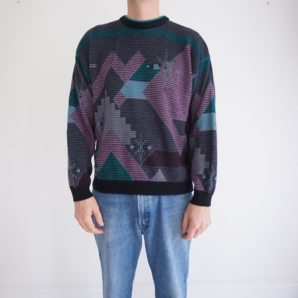 VTG '80S Paulo Conti Teal Black Biggie Cosby Eclectic Knit Crewneck Sweater L